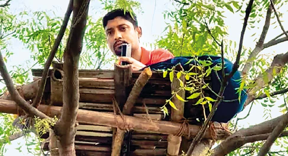 पश्चिम बंगाल के एक गांव में नेटवर्क के लिए टीचर को मचान पर बैठना पड़ता है पश्चिम बंगाल के एक गांव में नेटवर्क के लिए टीचर को मचान पर बैठना पड़ता है